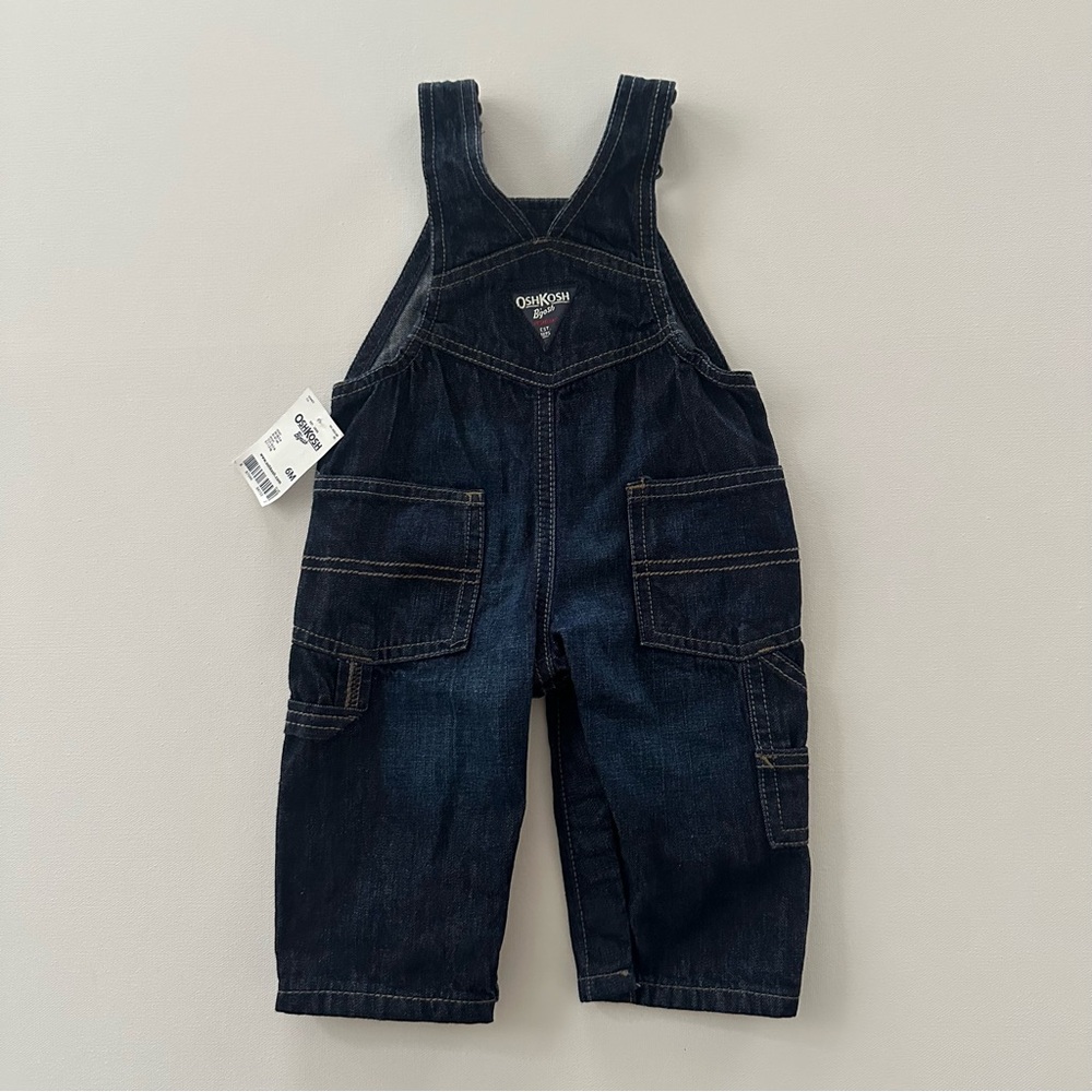 OshKosh 6 Months Baby Boy Red Plaid Shirt Bodysuit Denim Overalls Set Outfit NWT - Picture 6 of 7
